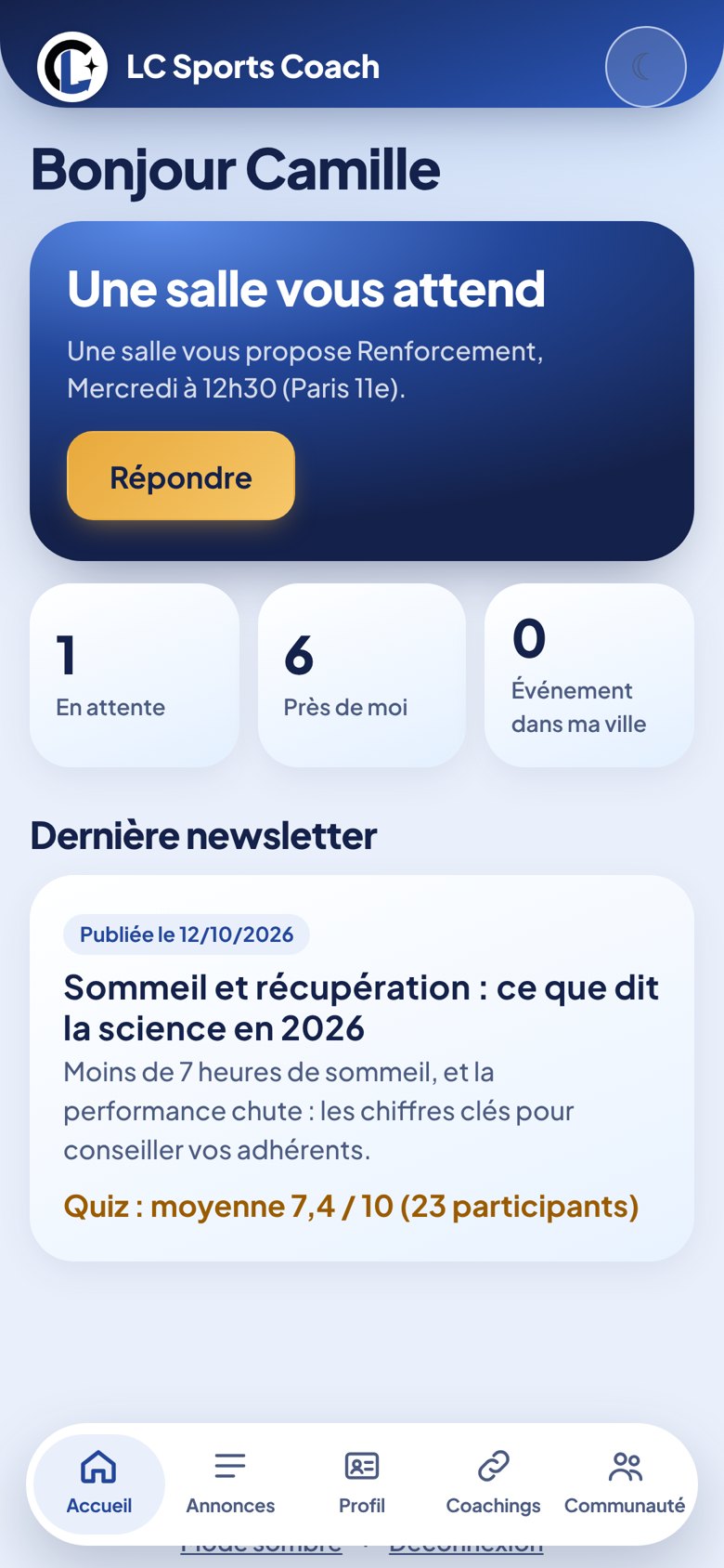 Accueil de l'application