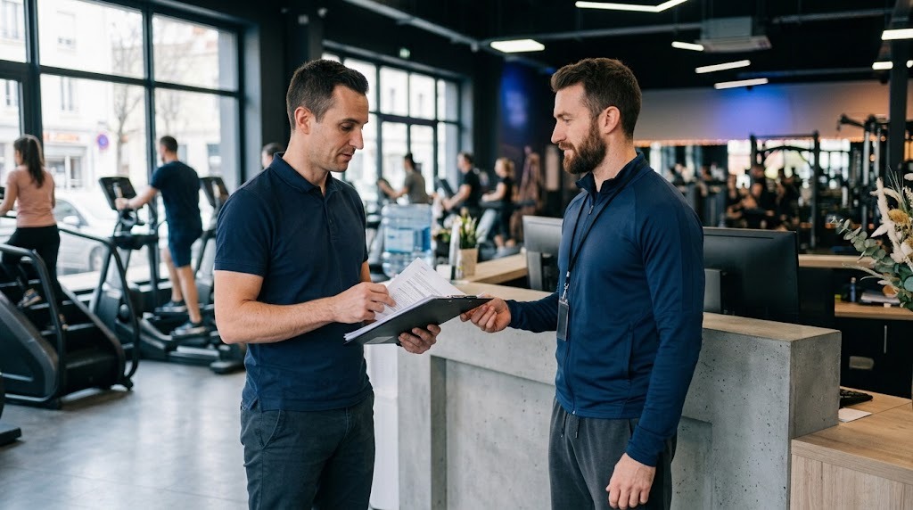 Un coach sportif indépendant remet ses documents professionnels à la responsable d'une salle de sport